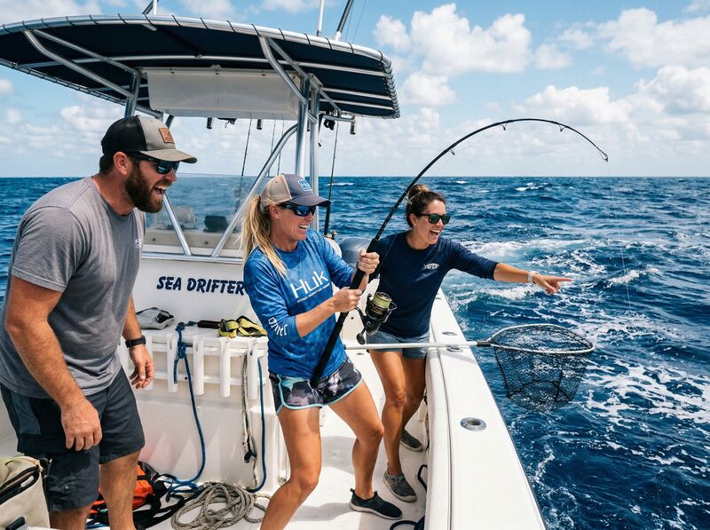 Group of friends fishing on charter