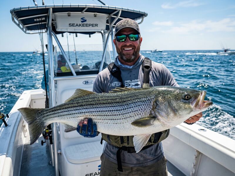 Angler holding a trophy striped bass